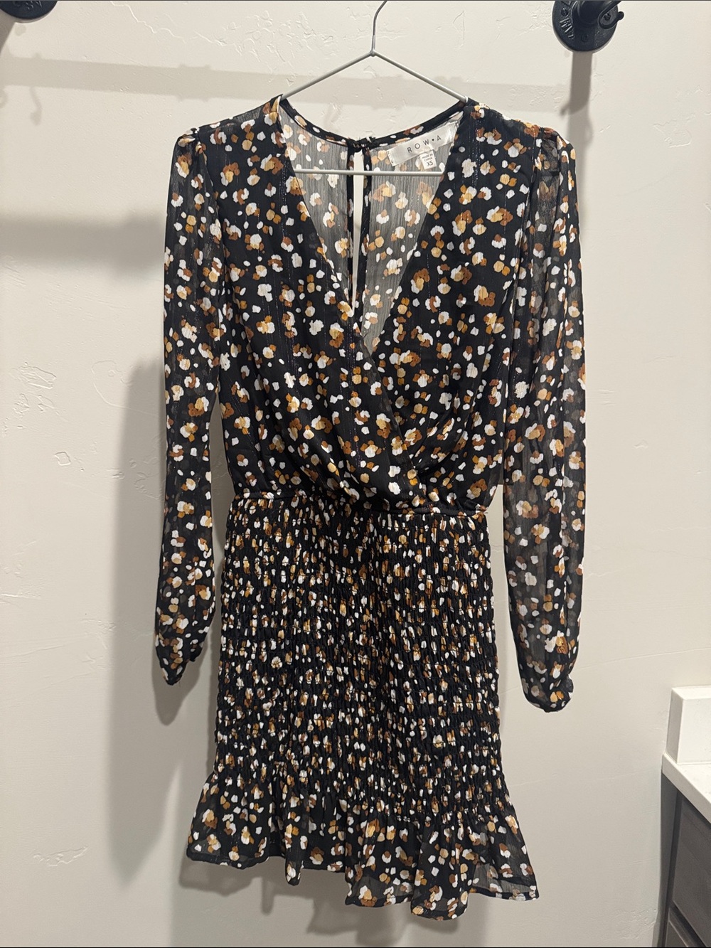 Row.A Black Floral-Spot Long Sleeve Smocked Dress